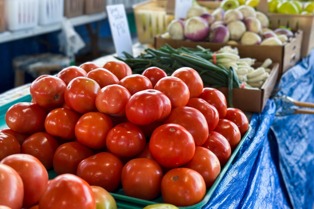 Tomatoes for sale at the State Farmers Market in Raleigh, NC.